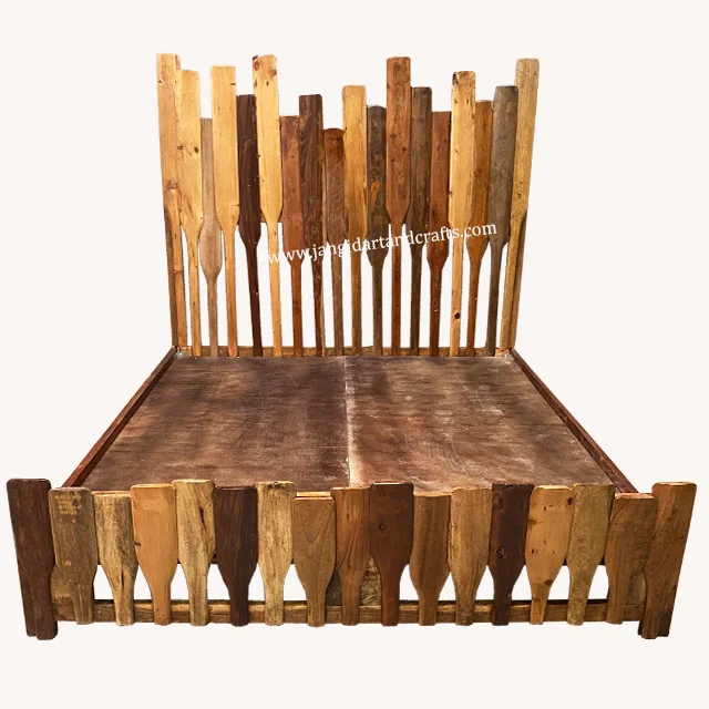 Vintage Wooden Furniture Hotel Bedroom Furniture made from Indian Reclaimed Wood Antique Old Boat Oar Chappu Maharaja Double Bed