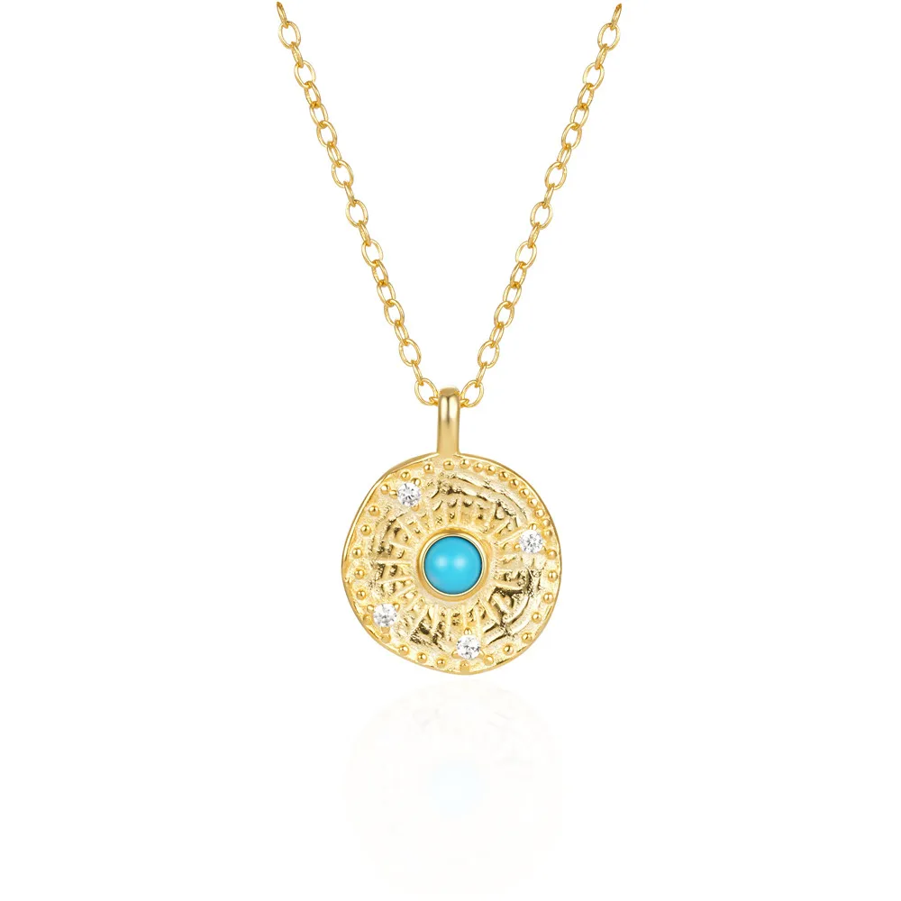CANNER Fine Jewelry Sun Flower Statement Design Turquoise Stone S925 Sterling Silver Choker Disc Pendant Necklace For Women Gift