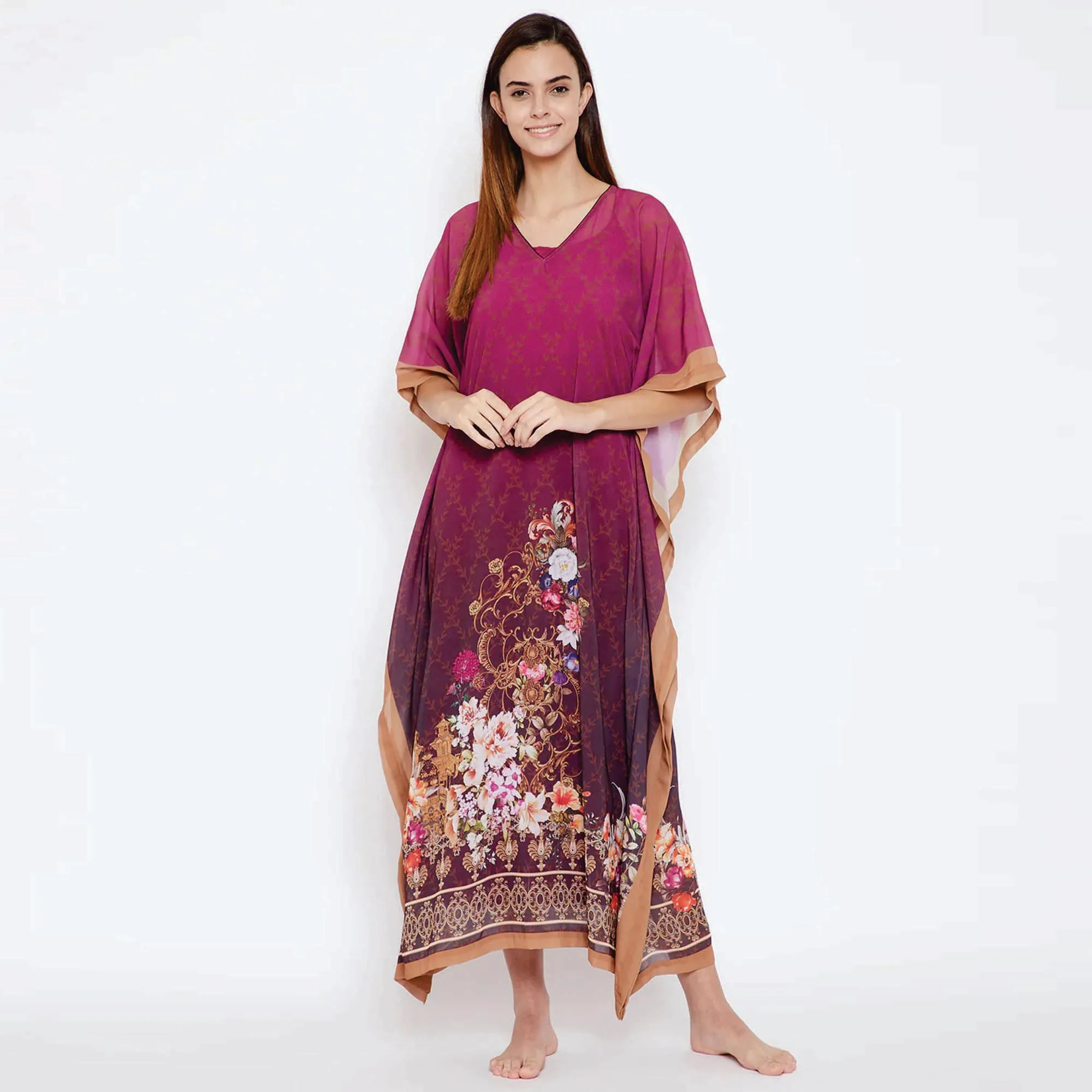 Polyester Georgette V-Neckline with Piping Detail with Short Extended Sleeves Ombre Floral Georgette Kaftan with Slip