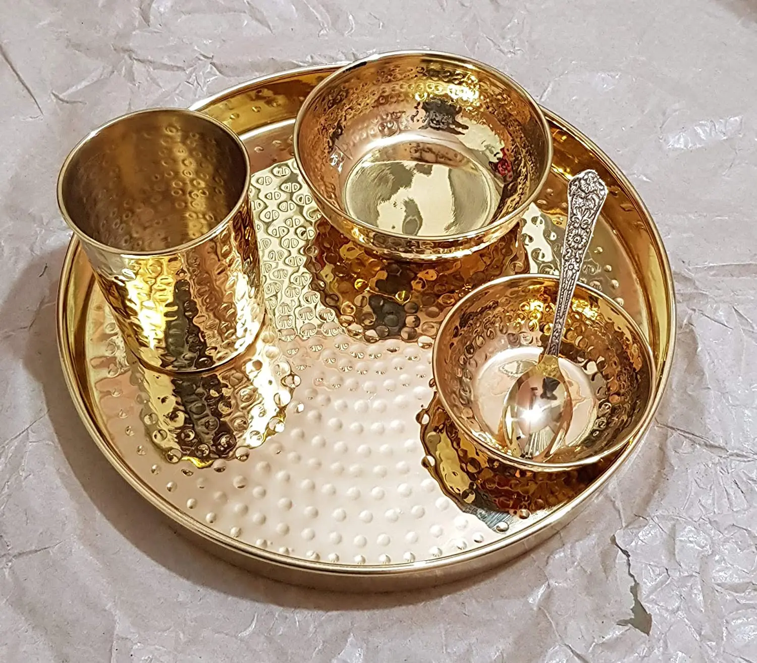 Promotional Wholesale Export High Quality Home Kitchen Custom Cooking Pot Brass Dinner Thali Set -5 Pieces, Gold