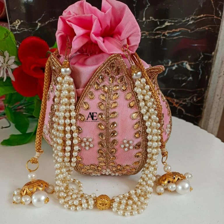 New Arrival Stunning Handmade Embossed Print Multi Color Zardozi Work Bridal Evening Purse Women Traditional Potli String Purses