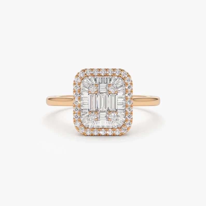 High Quality Baguette Diamond Ring 14k 18k Solid Gold Illusion Setting Unique Vintage wedding Engagement natural diamond Ring
