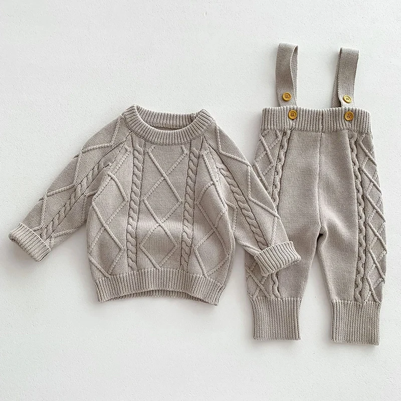 Autumn Boys Baby Girls Clothes 2 Piece Set Cotton Knitted Overalls Pullover Round Neck Toddler Boys Clothing Sweater