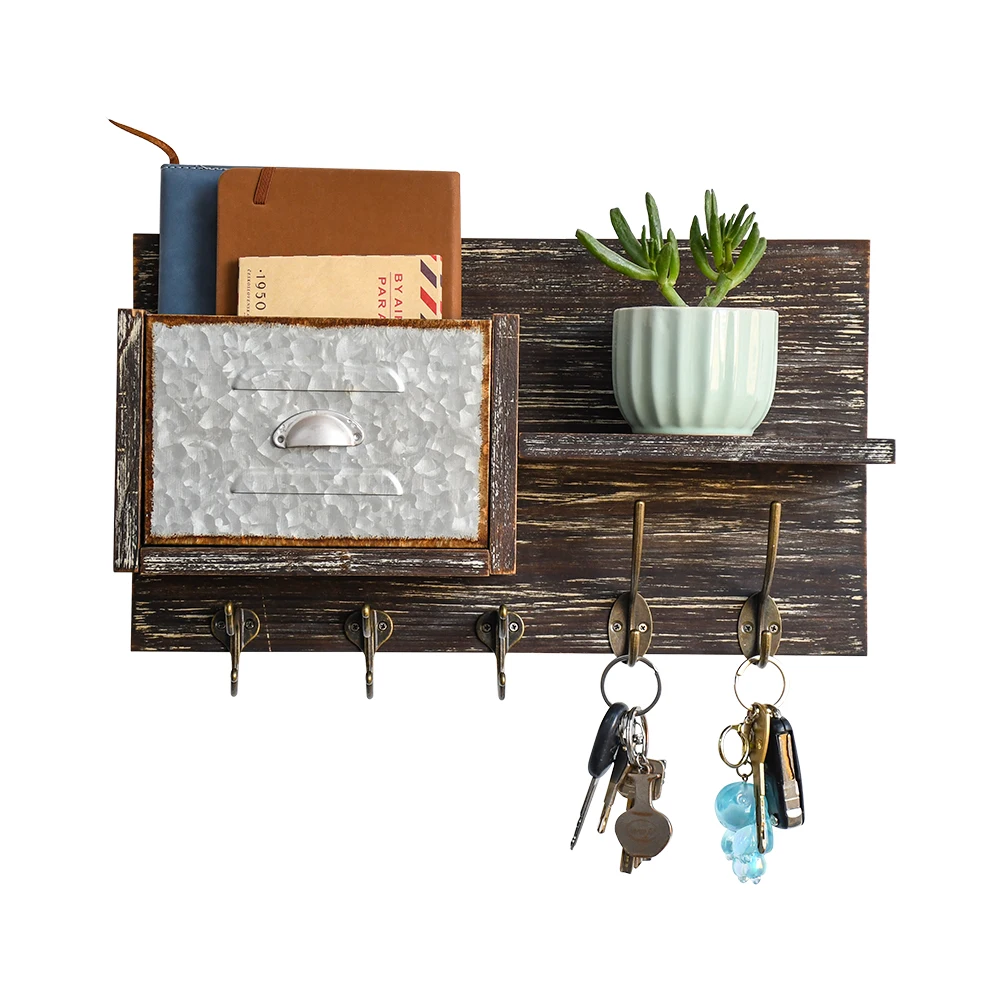 OKSQW Wood Mail Organizer  Wooden Wall Mount Shelf Floating Shelves With Key Holders For Home Decor