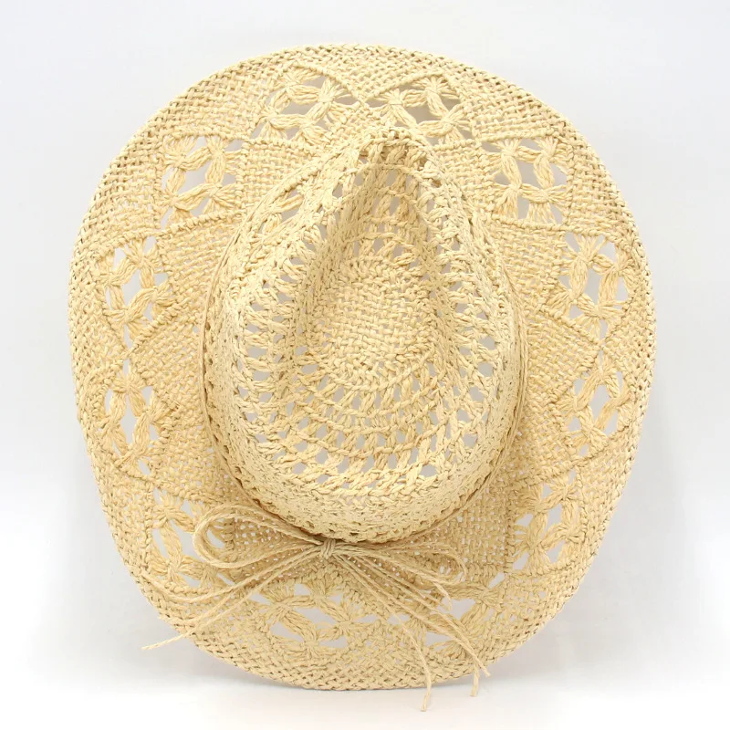 Unisex American Style Cowboy Hat Spring Summer Hand-Woven Straw Jazz Hat Hollow Design Breathable Cool Fishing Outdoor