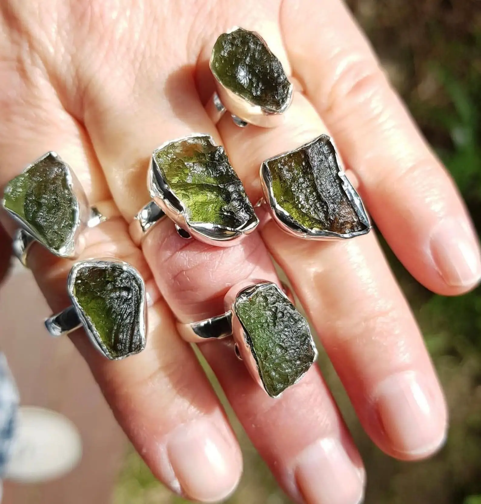 Uncut Raw Moldavite Ring in 925 Sterling Silver with Gold Plating - Unique Natural Gemstone Jewelry