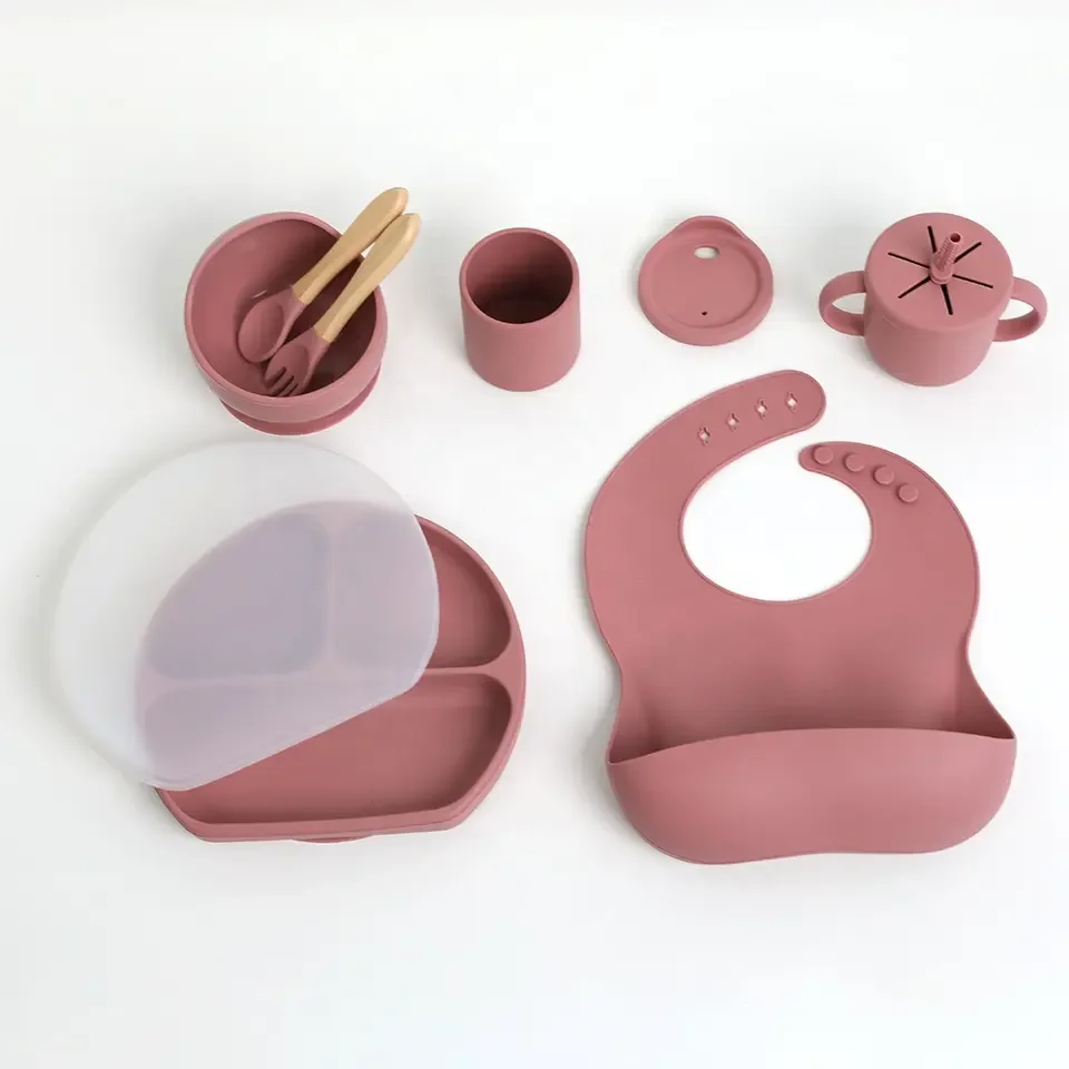 cheap price Food Grade BPA Free kids dinner supplies silicone bib spoon bowl baby eating baby feeding set