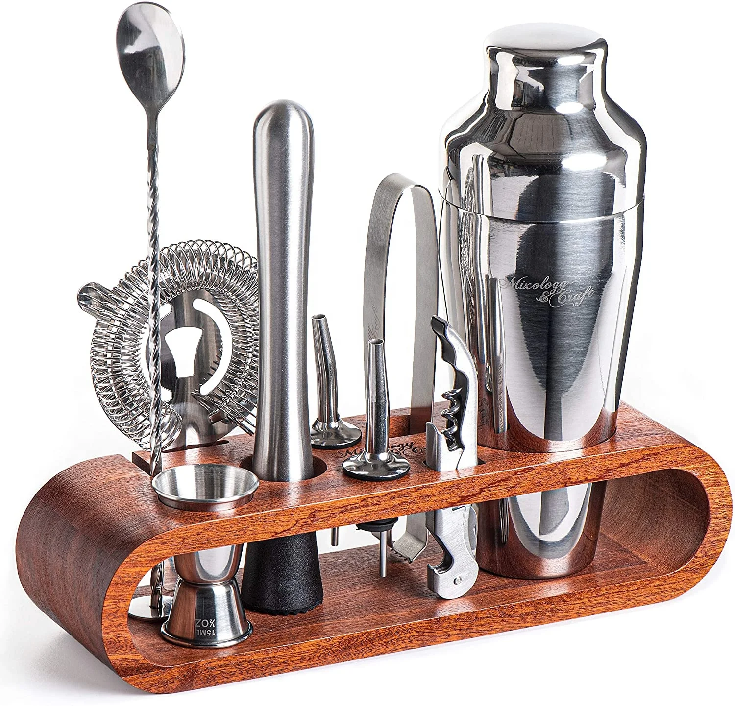 106 - 10-PIECE GUN METAL BLACK PLATED BAR SET COCKTAIL SHAKER SET WITH STYLISH MAHOGANY STAND