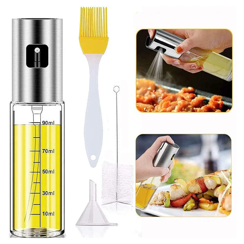Kitchen Sprayer Mister Stainless Steel Glass Vinegar Olive Oil Mister Spray Glass Bottle for Cooking Salad BBQ with Brush Funnel