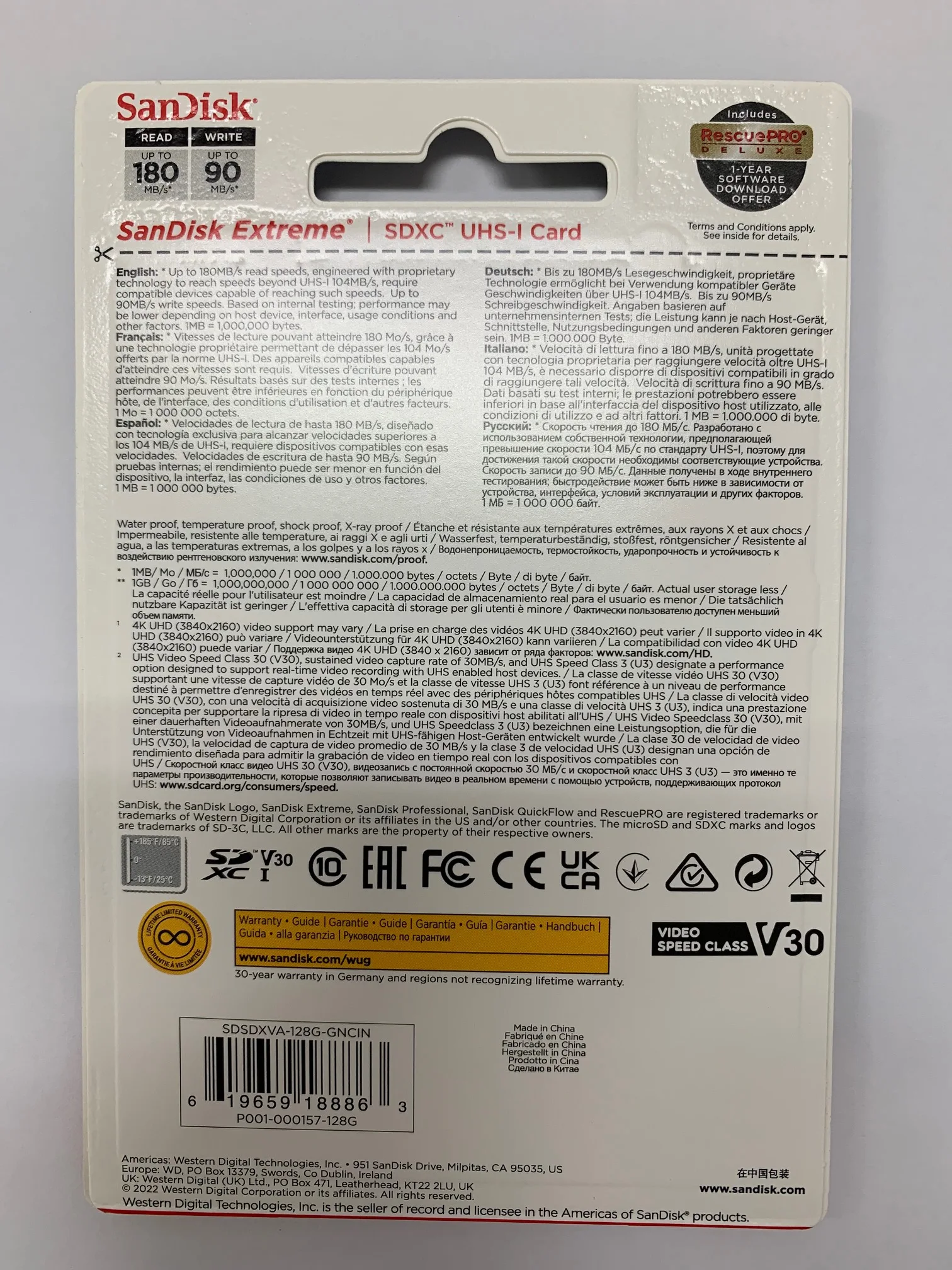 100% original Sandisk SDSDXVA-128G-GNCIN SD Memory Card U3 V30 128GB R180W130