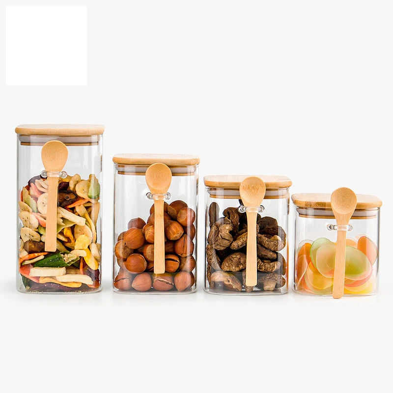 Wholesale borosilicate food storage container clear spice sugar food square glass storage jar with bamboo lid spoon