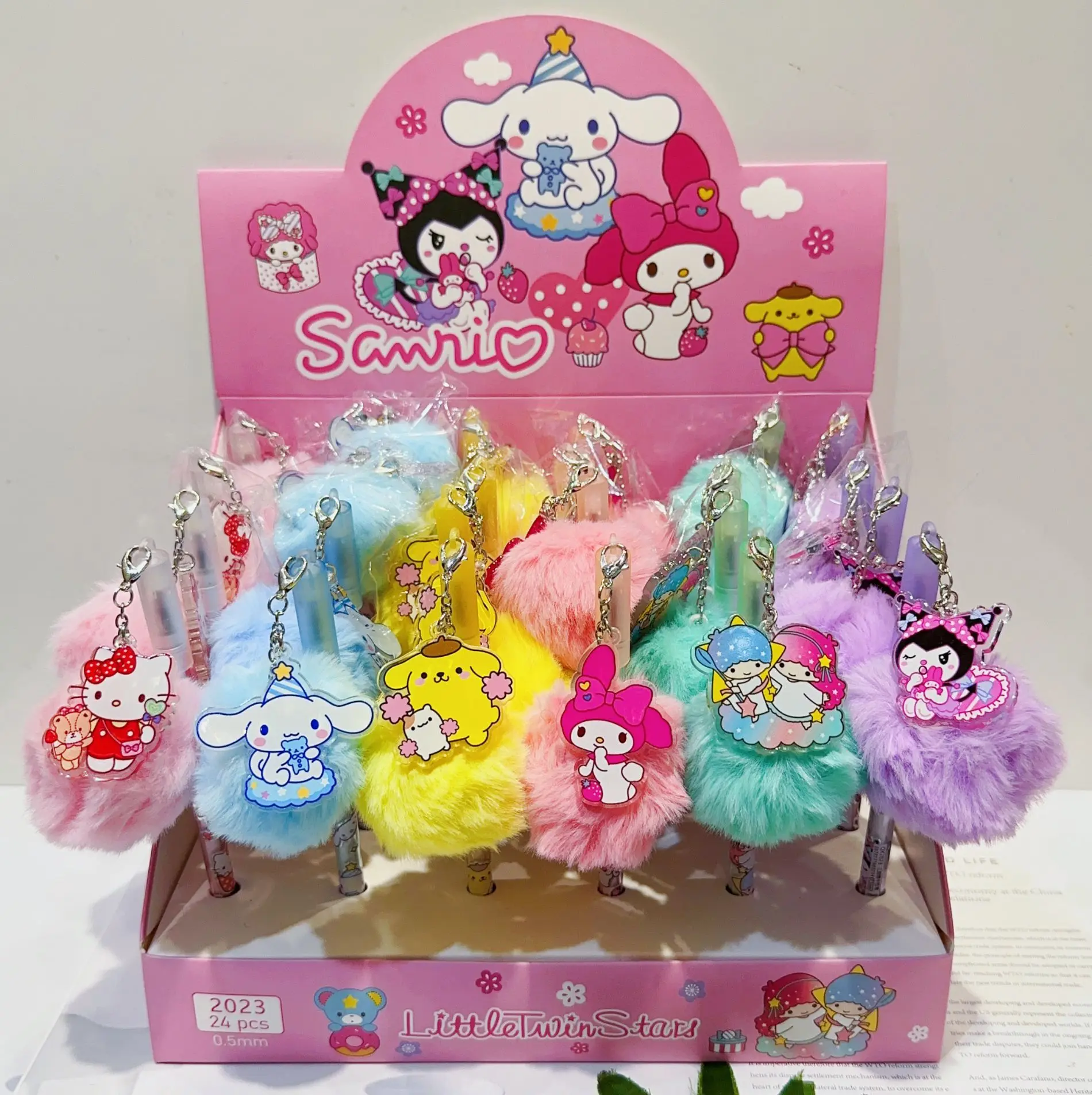 24pcs Cartoon Sanrio Plush Ball Pendant Gel Pen Rollerball Pen Cute Signature Pen Pendant Stationery Wholesale