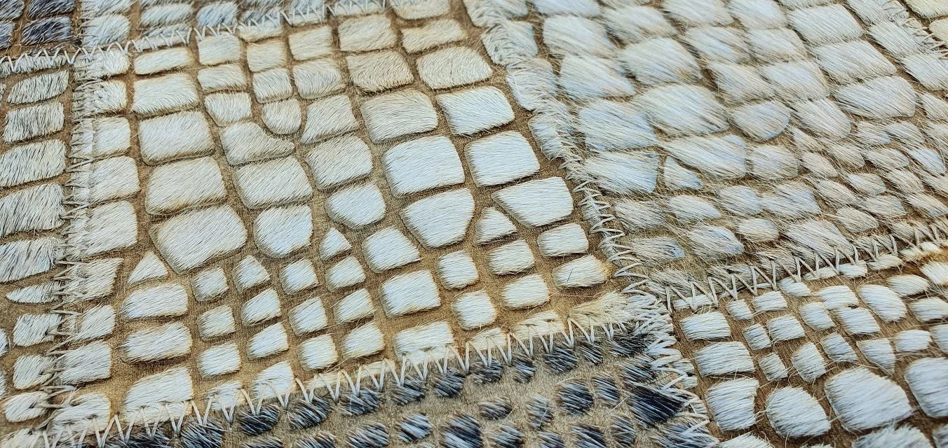 Modern Design Laser Engraved Colorful Hair on Handmade Pure Genuine Cow Leather Patchwork Area Rug