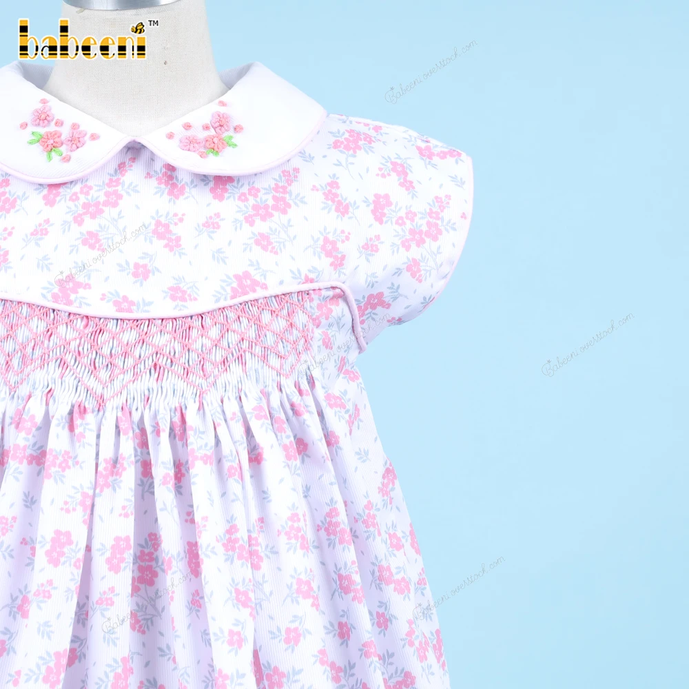 Blue Yellow Floral Plain Dress For Girl For Girl OEM ODM customized hand made embroidery wholesale smocked dresses - BB3303