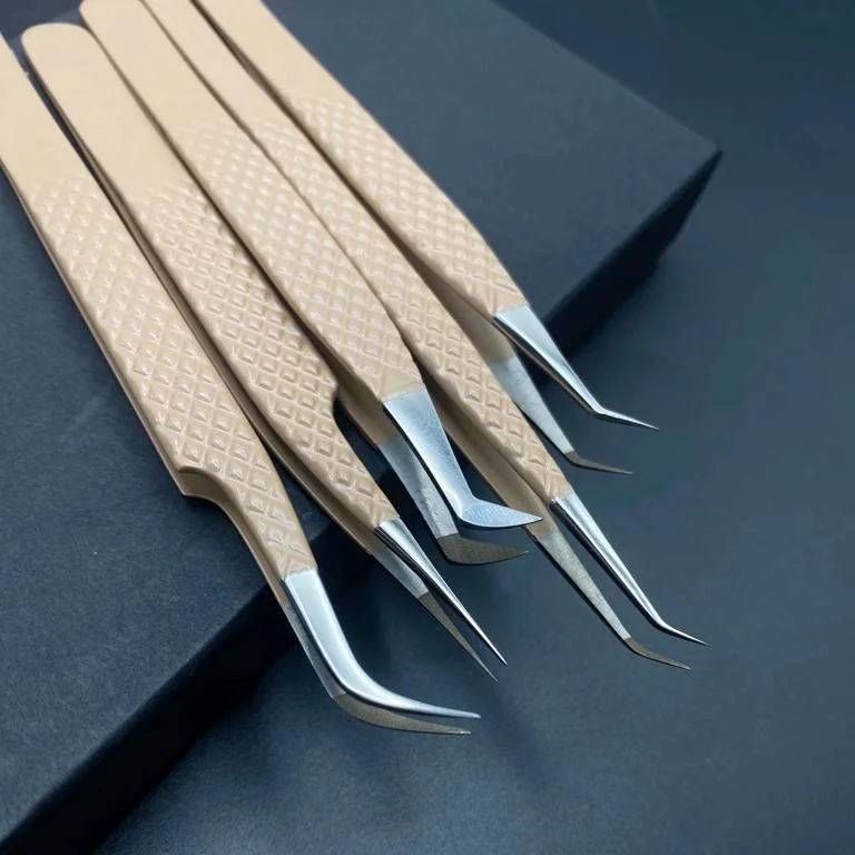 Classic and Volume Eyelash Extension Tweezers with Nude Color Coated Sustainable Stainless Steel Fiber Tip Tweezers Custom Logo