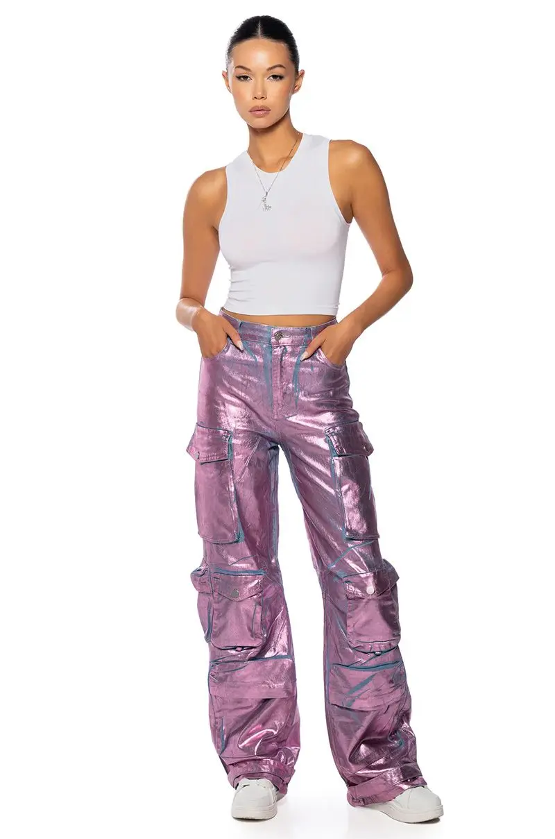 LA ISLA METALLIC CARGO JEANS IN PINK High Waisted Flap Pocket Cargo Jeans  Baggy Boyfriend Trousers pants for women