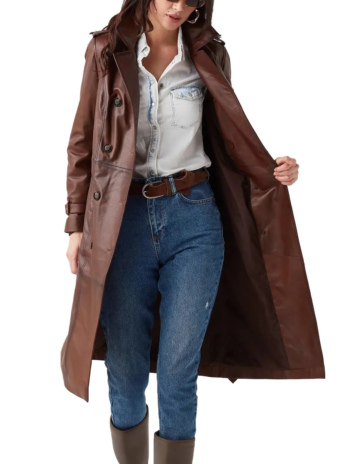 High Quality Womens Plus Size Clothing Real Sheepskin Stand Collar Long Coat Ladies Outerwear Belted Down Leather Trench Coat