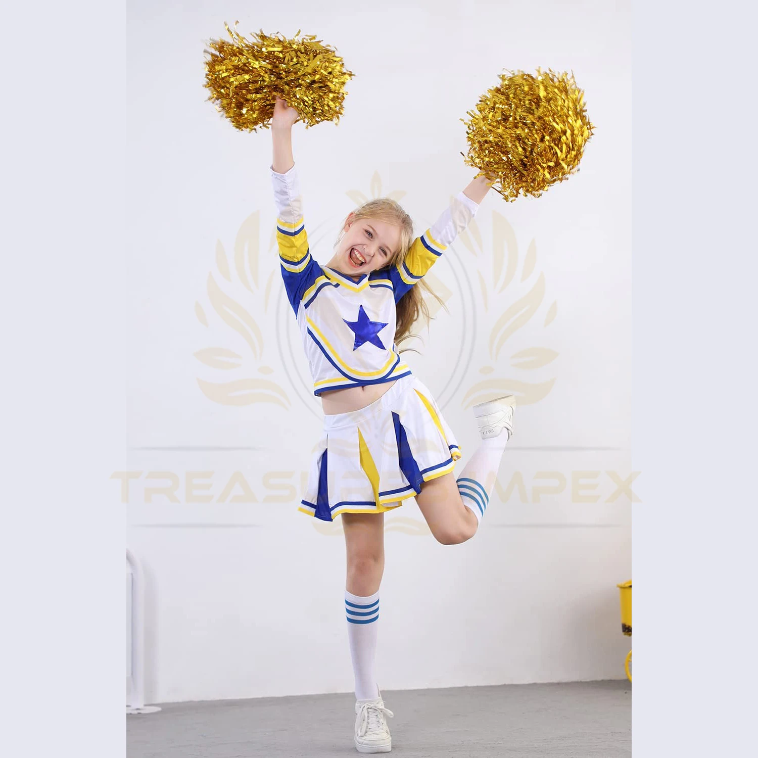 Sport Wear Custom Sports Uniform Wholesale Price Costume For Girls Cheerleading Uniform Dress Outfit With Stockings 2 Pom Pom