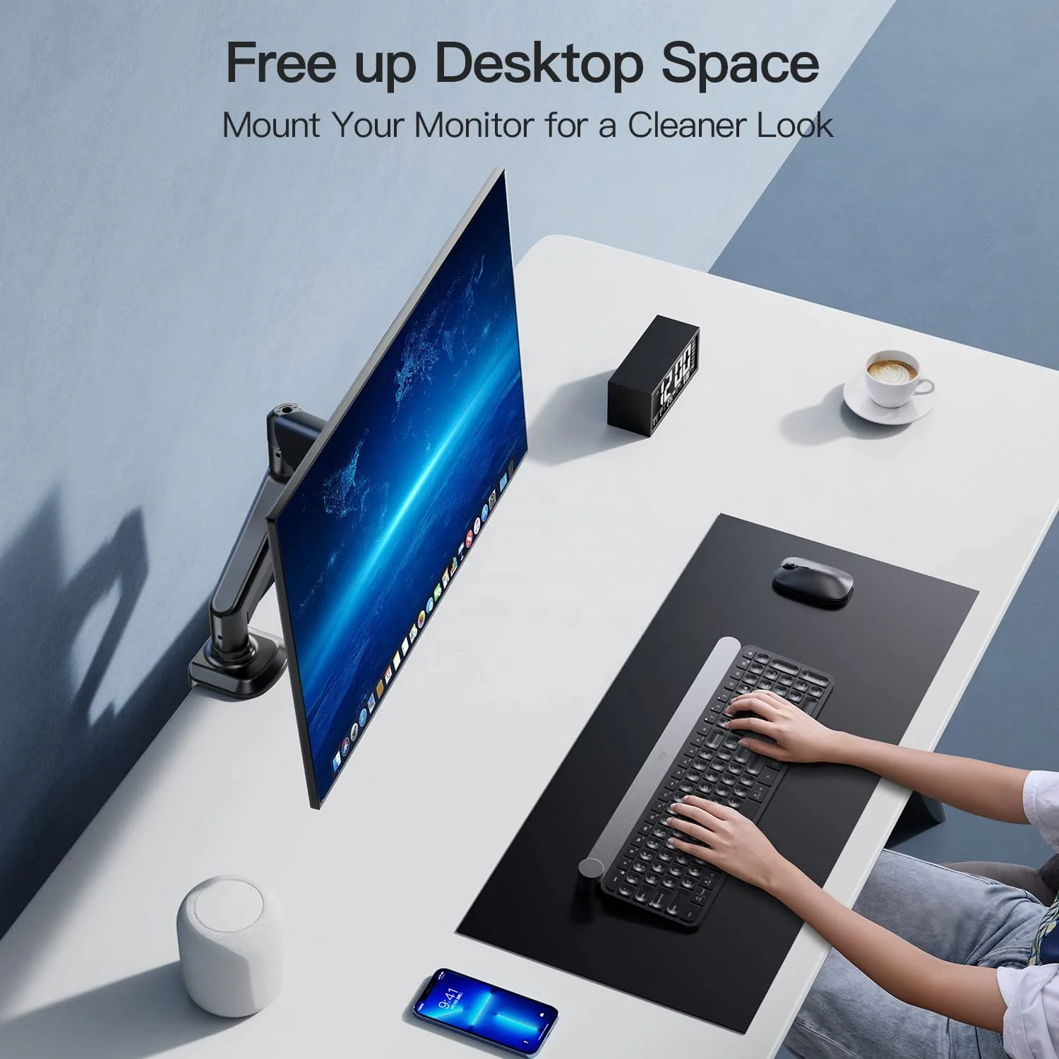 MG Single Monitor Mount Articulating Gas Spring Monitor Arm Adjustable Monitor Stand Vesa Mount with Clamp and Grommet Base