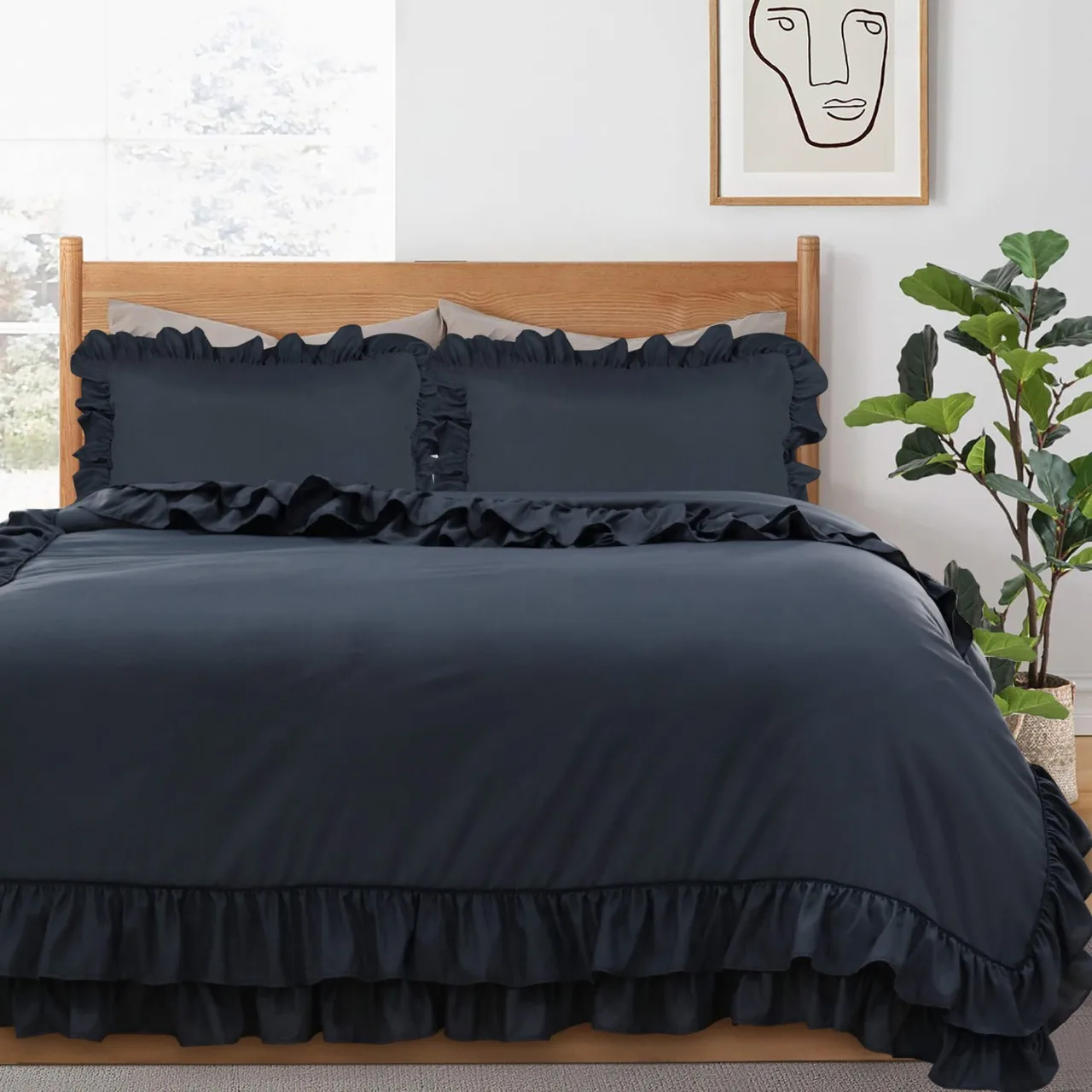 New Cheap Wholesale Ruffled style Grey Duvet set Microfiber duvet cover custom OEM ODM solid color for bedroom