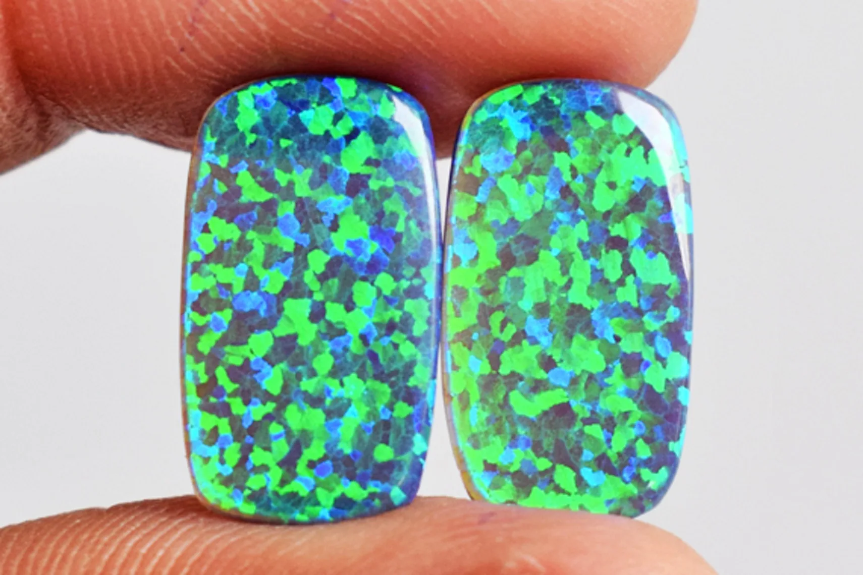 Synthetic Sparkling Blue Green Flashy Fire Opal Pair Rectangle Shape 4 CTW Cabochon Size 16x8x1.5 MM Earring Pair Stone for Jewe