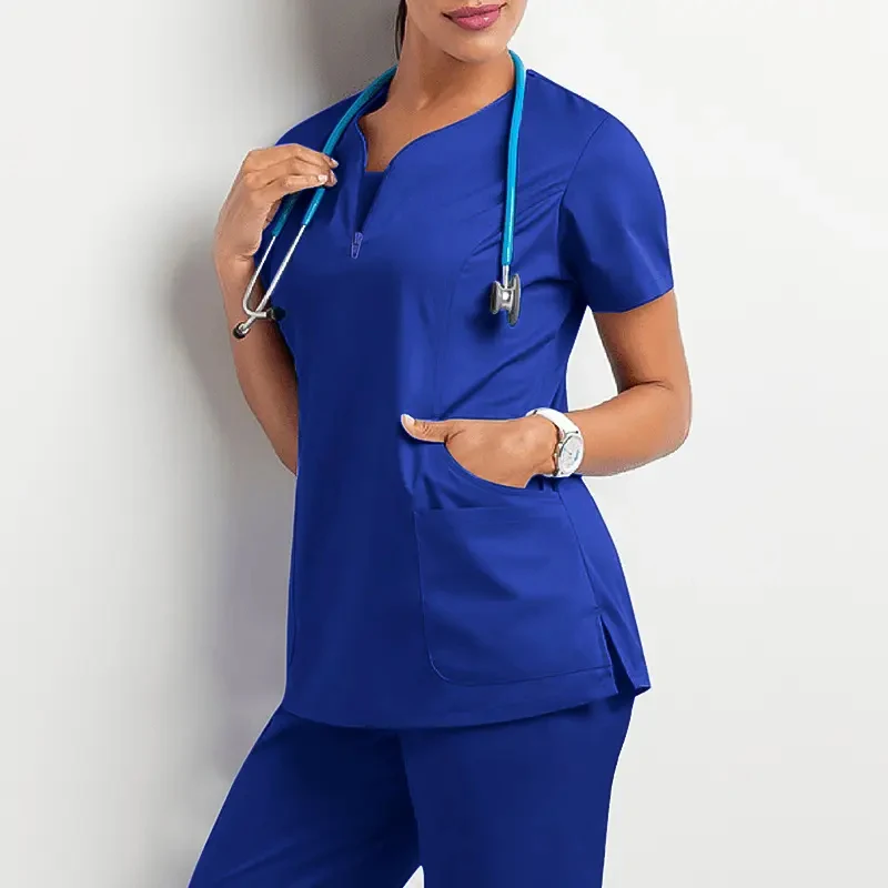 Anti wrinkle washable soft summer medical hospital scrubs nurse uniform v-neck stretchy short long sleeves men women jogger sets