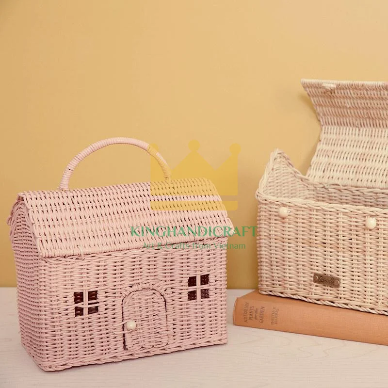 Pink Color House Shape Basket 100% Rattan Material For Kid 36 months Plus Decor Living Room Made In Vietnam