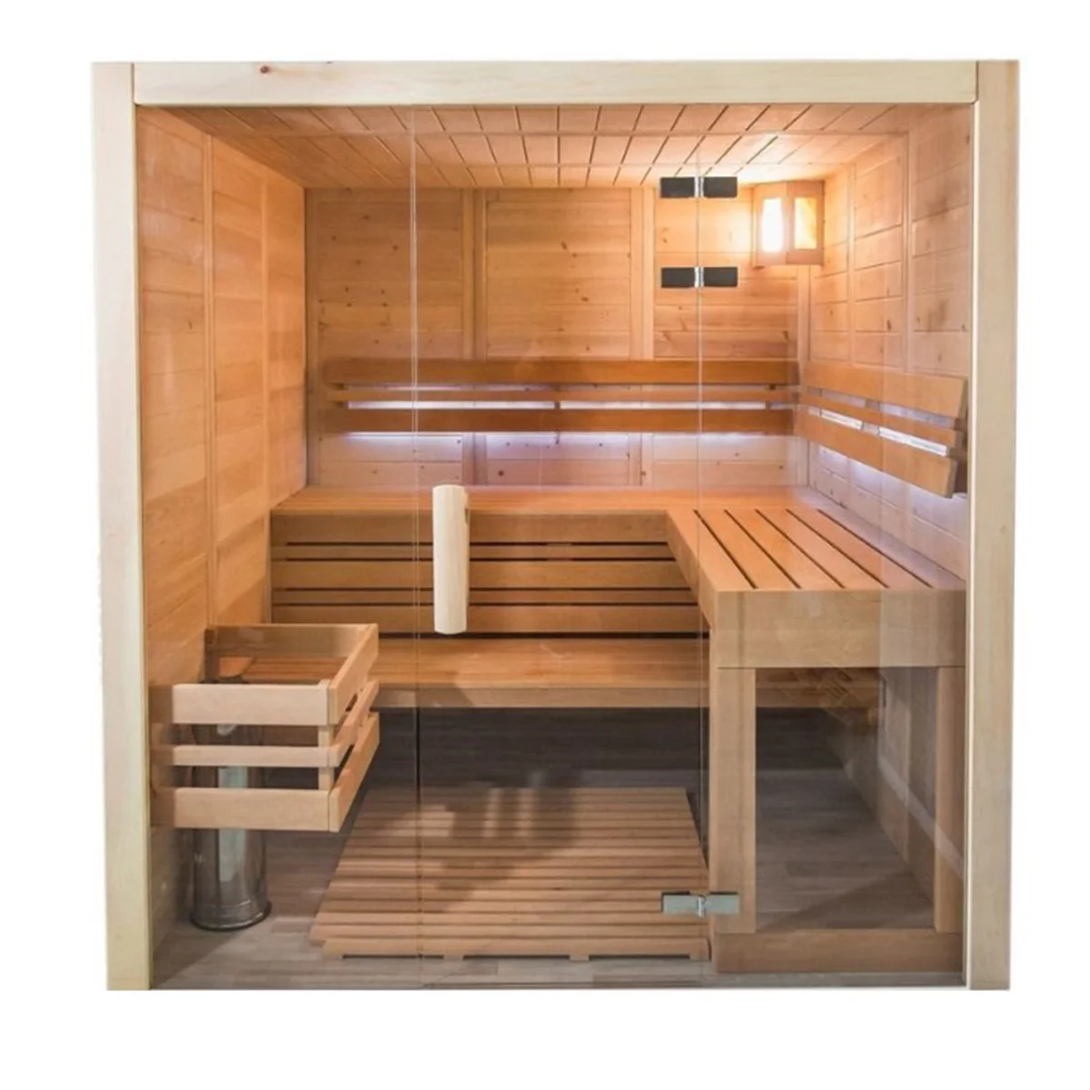 Wooden home sauna with stoves and lighting models are optimal for a home cottage or apartment