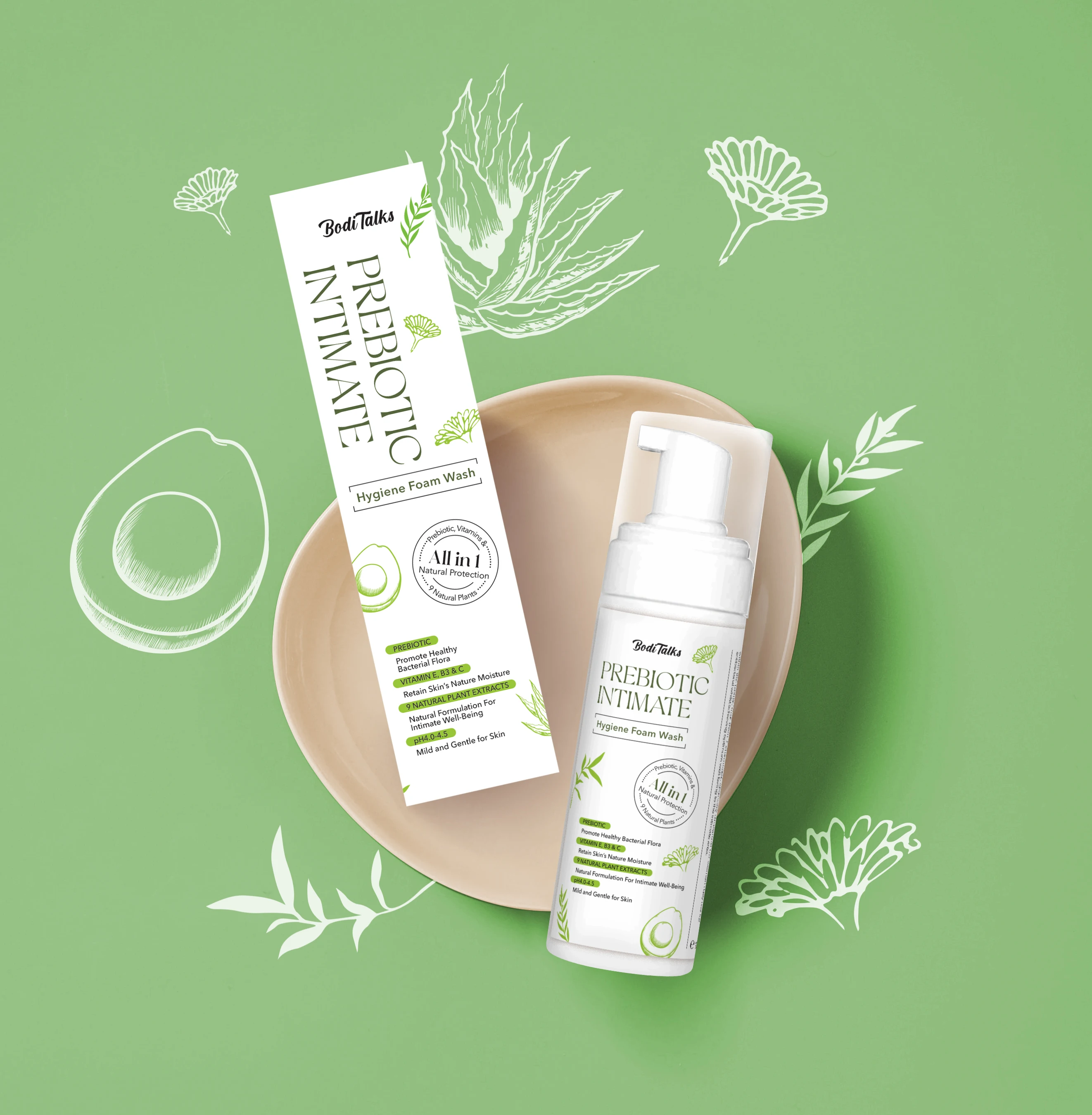 Intimate feminine hygiene foam wash YONI Wash natural PREBIOTIC vitamins E C B3 PLANT HERBAL Extract eucalyptus essential oil