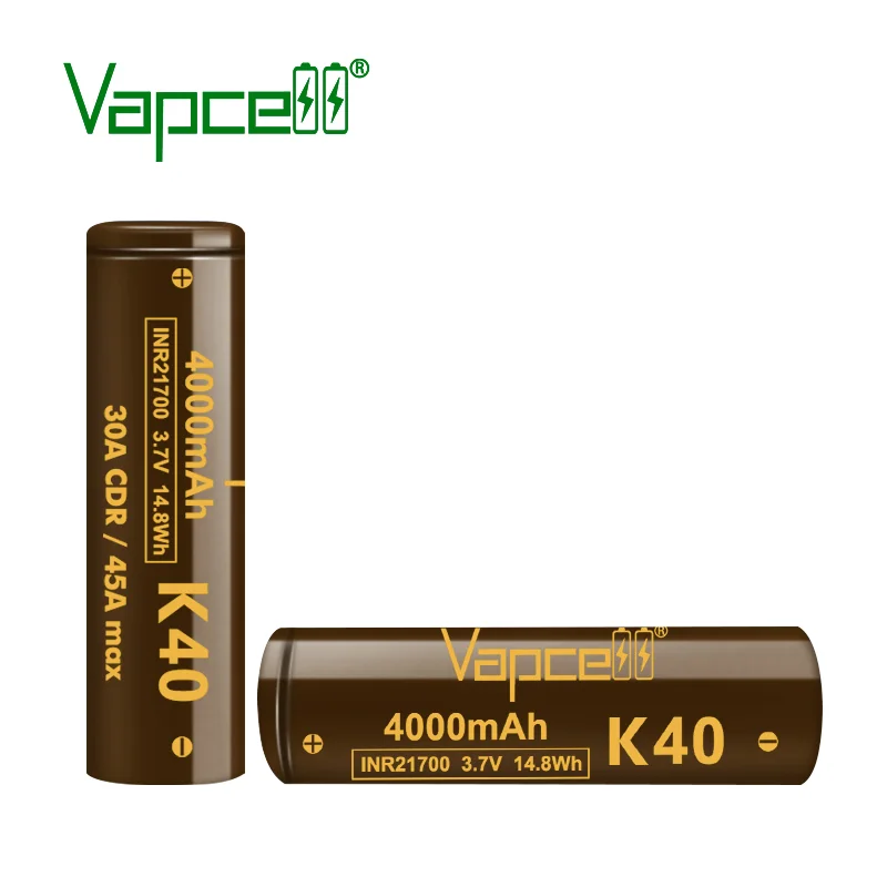 high capacity Vapcell K40 21700 4000MAH 30A similar 21700 40T 30A continuous discharge current rechargeable battery