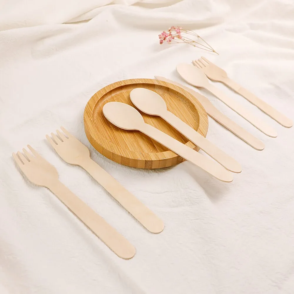 Compostable spoons wood forks disposable knife wooden cutlery set high quality fork and spoon single use