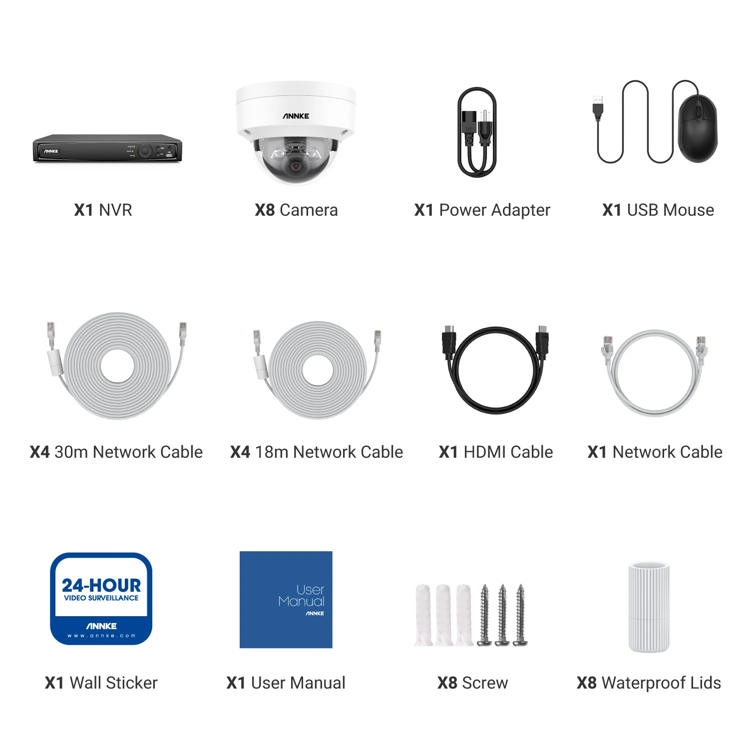 ANNKE 8pcs 4K (8MP) AI & Smart Dual Light & Microphone PoE IP Dome Camera With 16CH 4K(8MP) PoE NVR Indoor Outdoor CCTV Kit