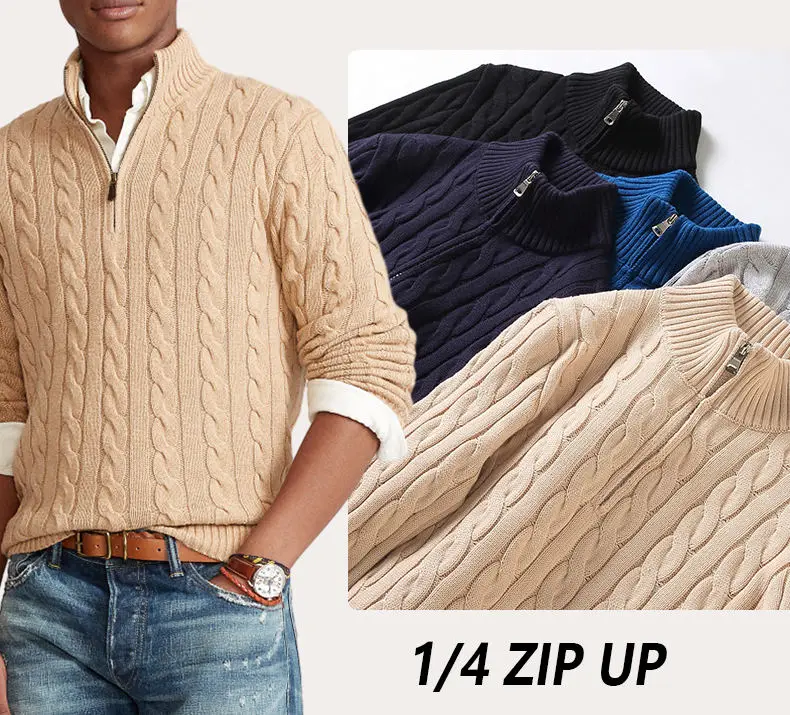 Wholesale new Cashmere Turtleneck Jacquard Sweater Custom Design Men Fleece Cable Half Zip Up High Neck Pullover Knitted Sweater