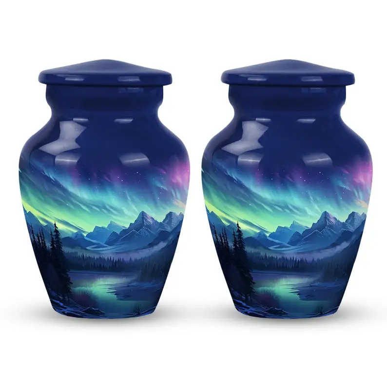 Northern lights Mountain Lake Urns For Cremation Ashes Modern Urns For Human Ashes Keepsake Decorative Urns For Ashes Night Sky