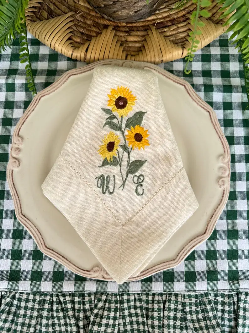 Personalized Sunflower Embroidered Linen Cloth Napkins Rustic Farmhouse Table Decor Weddings Housewarmings Handmade Wedding