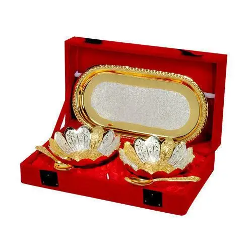 Latest Design Handmade Lotus Shape 2 Bowl 2 spoon With 1 tray Set For Indian Wedding Return Gifts And Home Decoration Item