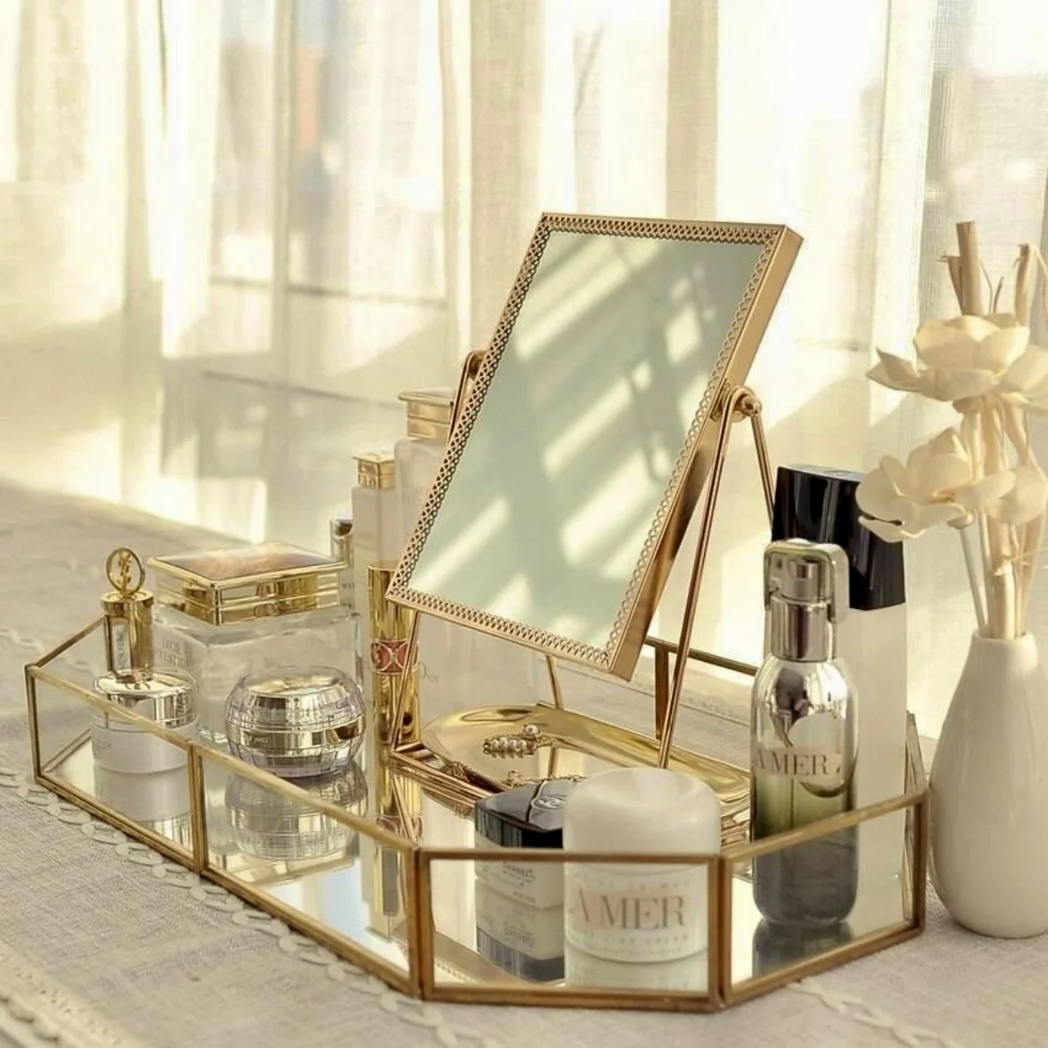 Стеклянный декоративный Органайзер в золотой металлической раме для женщин украшения и аксессуары макияжа Рождественский Декор органайзер с зеркалом