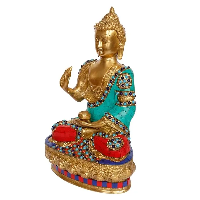 Big Buddha Statue for Home Decor Brass with Multicolor Stone Handwork Idol Figurines Vaastu Sculpture Showpiece Gift 12 Inch