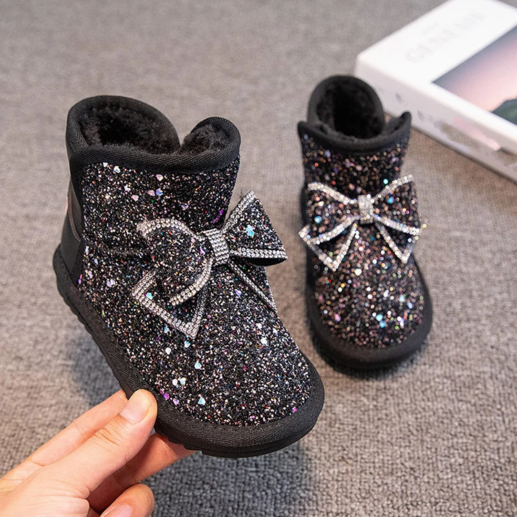 Оптовая продажа от фабрики детские зимние сапоги с блестками и бантом со стразами блестящие розовые высокие ботильоны резиновой стелькой для девочек