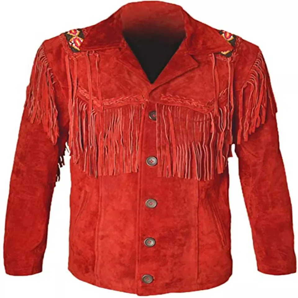 Best Selling Men Western Style Fringed & Beaded Black Color Tassels Cowboy Leather Jacket