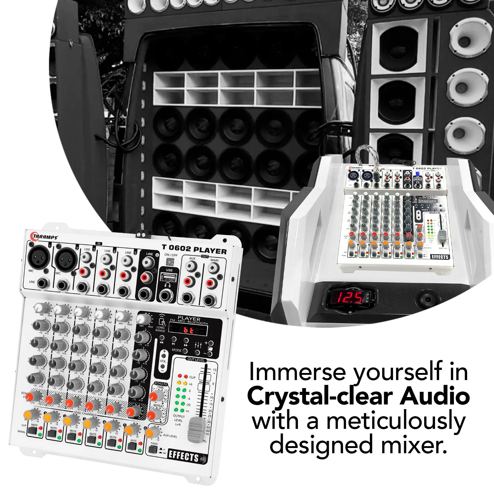 Taramps Audio Mixer T0602 Player 6 Input Channel 2 Output  Remote Control USB FM MP3 DJ Mixer Bluetooth Equalizer Effect Echo FX