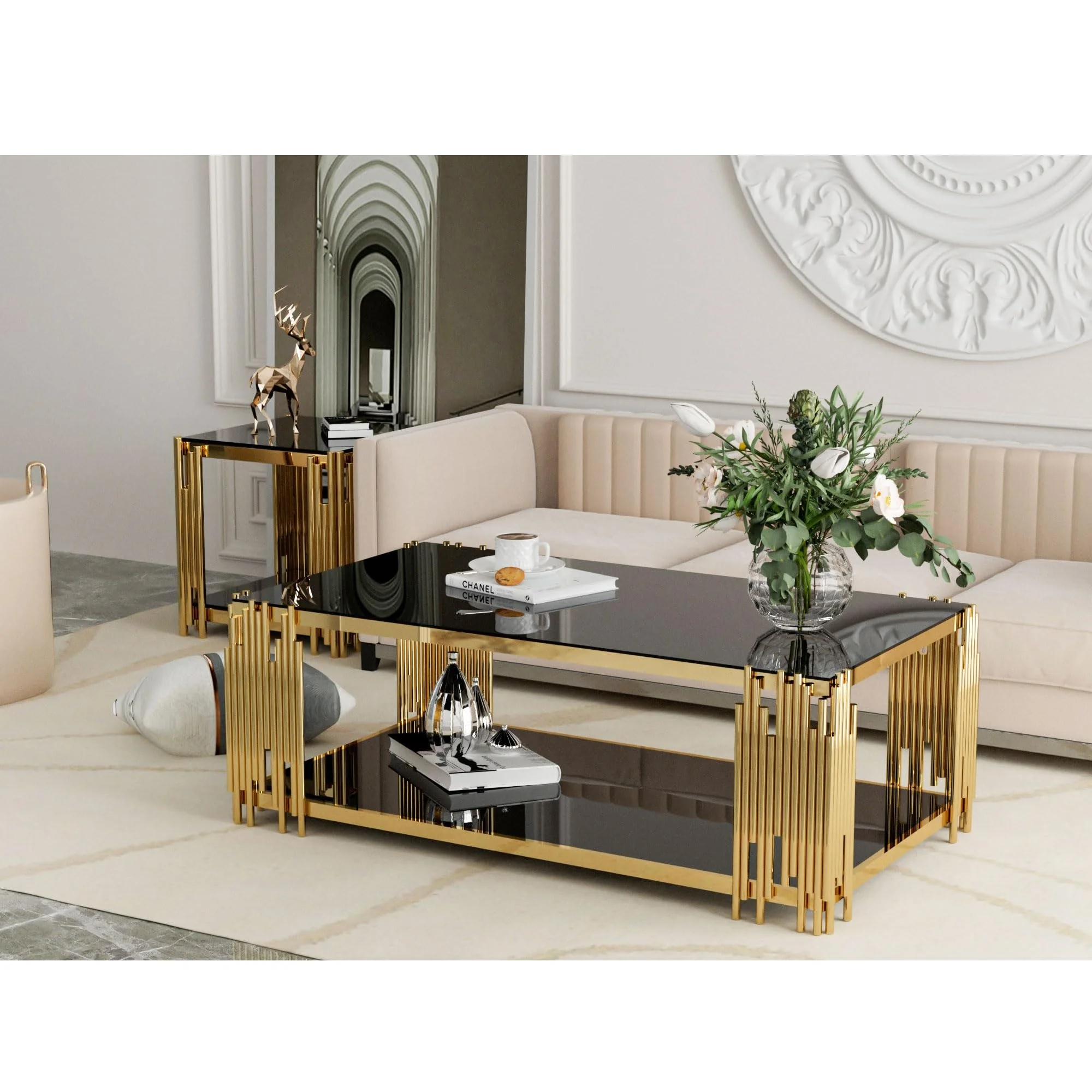 Luxury Modern Design Golden Simple Polished Tempered Tempered Glass Top Rectangular Coffee Table Coffee Table