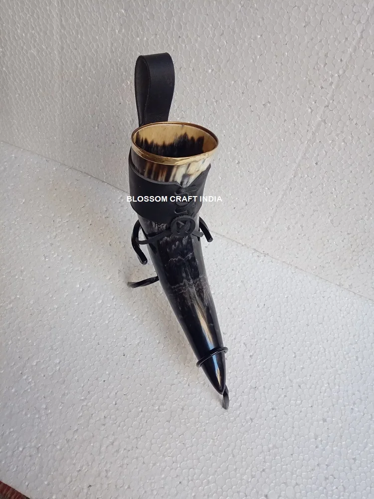 Best Quality Buffalo/Ox Drinking Horn with Leather Holder and Iron Stand  100% food safe for Drinking by BLOSSOM CRAFT INDIA