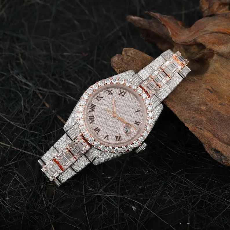 Full Iced Out GRA Certified White Baguette Moissanite Rose Gold Tone Watch For Men Luxury Custom Wholesale Antique Watches india