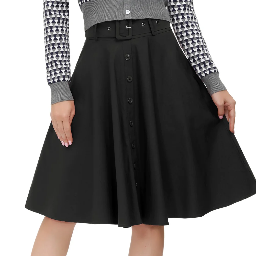 Belle Poque BP000571 Womens Buttons Decorated Flared A-Line Skirt With Belt Pockets Knee Length Vintage Skirts