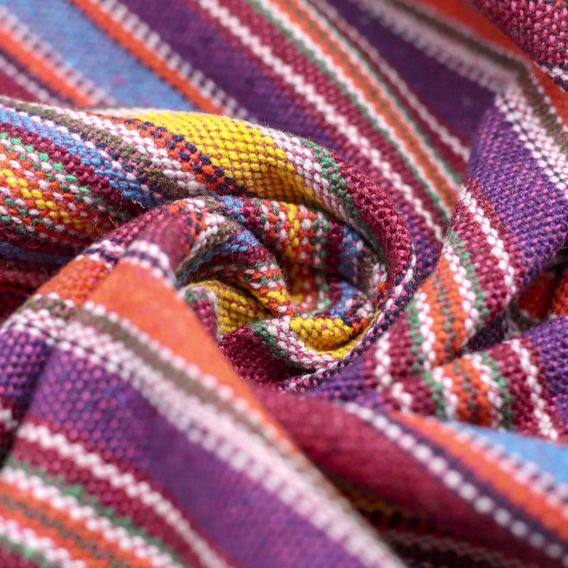 Organic National Wind Geometric Stripe Jacquard Yarn-Dyed Cotton Canvas Fabric Lightweight for Pillow Luggage
