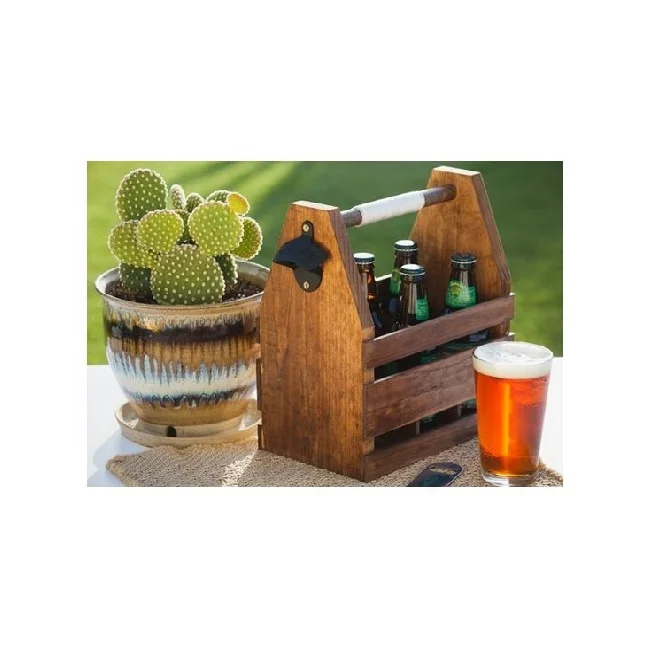 Premium Customizable Beer Caddy Wooden Bottle Holder with unique and decorative iron bottle opener