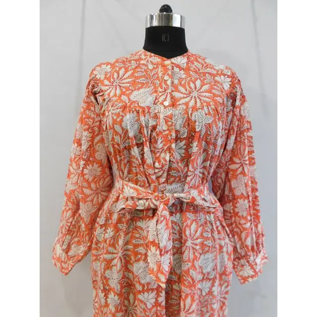 Orange long dress floral printed nightdress block print evening gown summer dresses wholesaler