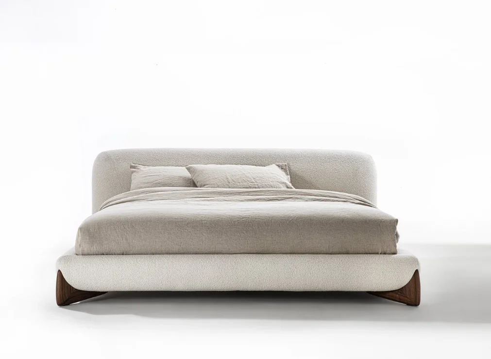 2022 Italian Design Bedroom Furniture Upholstered Boucle Fabric Solid Canaletta Walnut Feet Queen Size King Size Fabric Bed