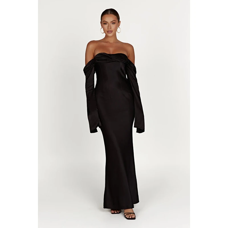 2024 New customizable high quality cheap Off Shoulder Cowl Neck Maxi Dress - Black